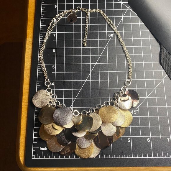 Statement Bib Necklace Gold Silver Gunmetal Disc Multi Tone Layer Dangle 18-20" - Picture 4 of 6